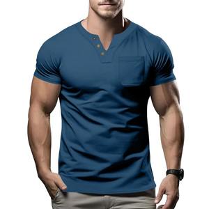 T-shirt décontracté d'été pour homme, tendance mode, sport, coupe slim, couleur unie, col en V, poche, manches courtes - Product Image 1