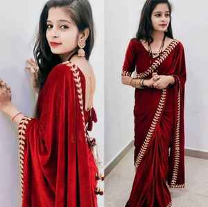 Super elegante diseñador boda fiesta desgaste puro terciopelo tela sari con bordado encaje trabajo mayorista proveedor de la India - Product Image 3