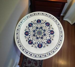 36 Inches <b>Round</b> White Marble Dining <b>Table</b> <b>Top</b> with Royal Look Lapis Lazuli Stone Inlay Work Sofa Center <b>Table</b> <b>Top</b> - Product Image 1