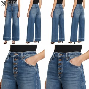 Jeans décontractés bleus droits 2025 100% coton biologique Pantalons pour femmes personnalisés à séchage rapide respirants à motif 3D taille mi-haute - Product Image 4