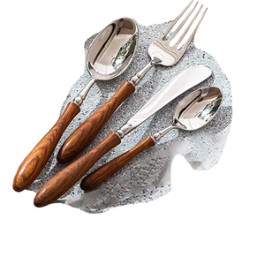 Ensemble de couverts en acier inoxydable au design moderne avec manche en bois, vaisselle de cuisine, restaurant, couverts, argenterie, ustensiles - Product Image 1