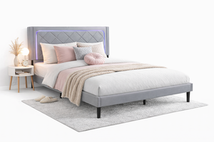 Base de Cama Tapizada con Luces LED, Cabecera Acolchada con Diseño de Diamantes, Mueble de Dormitorio Doble Moderno, Minimalista y Acogedor - Product Image 3