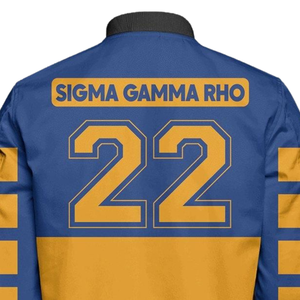Sigma Gamma Rho SGRho Greek Satin Bomber Jacket Royal Blue <b>Gold</b> 1922 Embroidered Sorority Womens Jacket - Product Image 5