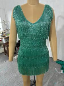 Robe de soirée de princesse de mariage grande taille ornée de franges de perles, sexy et tendance, silhouette en A, vert de mer, robe de bal modeste - Product Image 5