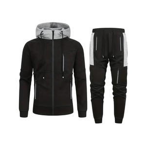 Ensemble de survêtement noir à capuche pour homme, couleur unie, manches longues, fermeture éclair, tenue décontractée de jogging avec poches latérales, idéal pour l'automne - Product Image 1