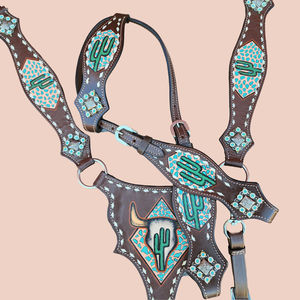 Vente en gros OEM Western Equestrian Argentine Cuir de vache Cheval Headstall Plastron Combo Set Turquoise Pierres Précieuses Confortable - Product Image 2