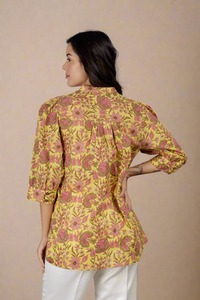 2024 T-Shirt en coton popeline jaune pour femmes longue coupe ajustée respirant Bloom Design gland personnalisé fabrication de marque privée - Product Image 2