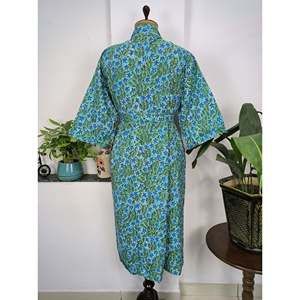 Boho House Luxurious Aqua Blue Floral Print Cotton <b>Kimono</b> Hand-Imprinted Indian Robe for Summer Elegant Cover-up for <b>Beach</b> - Product Image 6