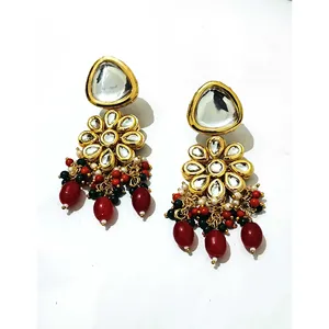 Red & Gold Toned Meenakari Kundan Necklace Set Zircon Fine Jewelry for Wedding Gift Gold Plated Stainless Steel Includes Ring - Product Image 4
