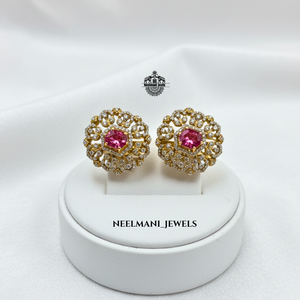 Boucles d'oreilles clous vintage religieuses Stone A.D. en acier inoxydable géométrique avec opale, zircon, rubis et perle sertis clos pour les fêtes - Product Image 2