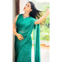 Sari indien en soie Georgette vert Leheriya, style Bollywood, motif Rama Embarrassed, broderie, longueur ras du sol, infroissable, résistant au soleil