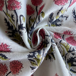 White Vertical Floral Hand Block <b>Printed</b> Cotton Fabric Indo-European <b>Botanical</b> Motif - Product Image 1