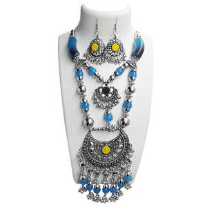 Jeweljunk Vintage Fine Jewelry Set Navratri Special Blue Beads Collar y pendientes chapados en rodio 1110912 - Product Image 1