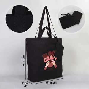 Bolsa de Mano de Algodón Plegable Personalizada de 12 oz, Tamaño Mediano 19 x 16 x 4 cm, Color Negro, Estilo con Patrón de Letras-48 41 10 cm - Product Image 3