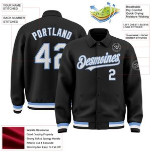 Blouson aviateur personnalisé noir blanc-bleu clair Veste Byron à col à revers Varsity Letterman à boutons-pression - Product Image 2