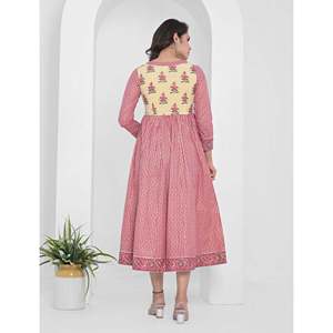 Pink Block Printed Long Cotton Anarkali Dress with Breathable Long Sleeves - Product Image 6