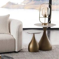 Tables basses décoratives en bois et métal faites à la main avec base en acacia et plateau en métal doré, nouvel arrivage