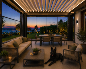 Pergola bioclimatique en aluminium 3x5 pour extérieur avec lames motorisées et cloison en verre coulissante sans cadre - Product Image 1