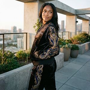 Ensemble de survêtement pour femme en velours froissé imprimé avec veste bomber à strass et pantalon de jogging, style streetwear, poids moyen, Y2K, personnalisable, vente en gros - Product Image 5