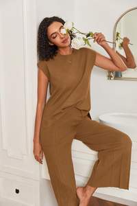 <b>Lounge</b> Sets for <b>Women</b> Two Piece Outfits Knit Cap Sleeve Tops Wide Leg Pleated <b>Pants</b> Casual Dressy Sweater Sets - Product Image 4