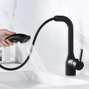 Crown single lever black pull out sprayer faucet for kitchen sink