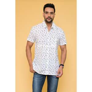 Handmade Indian Block Print Boho Cotton <b>Shirt</b> <b>for</b> <b>Men</b> Floral Pattern Short Sleeves Lightweight Button-Down Collar Breathable - Product Image 1