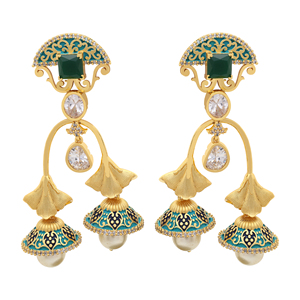 Elegant <b>Antique</b> Imitation AD Matte Plated Brass Earrings Luxury Artificial Pearl Traditional Export Jewelry for Wedding - Product Image 2