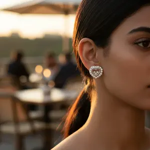 Boucles d'oreilles en diamant en forme de cœur argentées, design flottant élégant, boucles d'oreilles en diamant - Product Image 1