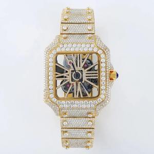 Tono dorado esqueleto estilo Hip Hop Iced Out Acero inoxidable función de fecha Moissanite diamante reloj hecho a mano para hombres y mujeres. - Product Image 1