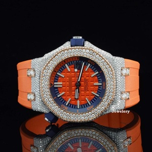 Dynamique Unisexe Moissanite Diamant Montre-Bracelet Amélioré VVS Clarté Dernier Bracelet En Caoutchouc Orange 22mm Largeur De Bande Cadran En Verre Fenêtre - Product Image 3