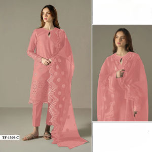 ชุดเดรสผ้าฝ้ายแท้กึ่งพิมพ์ลายด้านล่างพร้อมแผ่นปะปักพิเศษสำหรับงานปาร์ตี้ปากีสถานสำหรับผู้ใหญ่ - Product Image 2