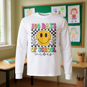 Maglietta a Maniche Lunghe con Faccina Sorridente per il 100° Giorno di Scuola, T-Shirt Promozionale per l'Atmosfera del 100° Giorno di Scuola - Product Image 3