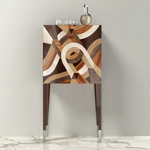 خزانة البار المصنوعة يدويًا مع الخشب المرصع ومرآة Unione بتصميم لامع
