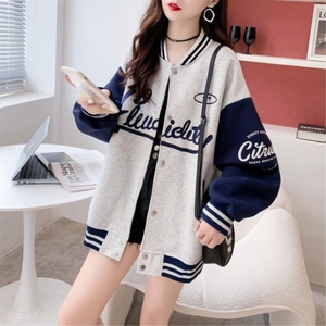 Qnjoy Nuerin grande taille surdimensionné AB lettrage Blouson unisexe décontracté pull à col rond avec tissu en laine et coupe décontractée automne - Product Image 5