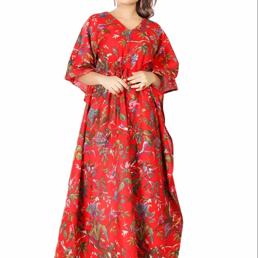 Kaftan Jaipur en pur coton imprimé main de qualité export, caftan rouge doux pour dames, tenue décontractée de nuit bohème taille libre pour femmes