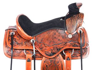 Selle Western bicolore de haute qualité en cuir véritable avec siège chaud dit à la main sculpture sangle en cuir brut - Product Image 4