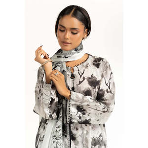 Ensemble d'été décontracté 3 pièces gris cendré imprimé pour femme, respirant, col montant, manches longues, coupe ample, en tissu tissé - Product Image 5