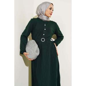 Robe modeste en tricot avec bouton plissé émeraude - Product Image 1