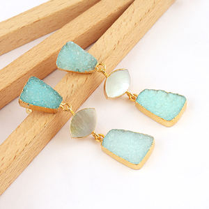 Designer Three Stone Drop Dangle <b>Earrings</b> Sky Blue Sugar Druzy <b>Mother</b> <b>Pearl</b> Brass Gold Plated Fashionable Wear for Weddings - Product Image 2