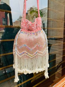 Beaded Satin Lining <b>Clutch</b> Evening Bag with Pearl Fringe Handmade Cross-Body Strap for Party Events - Product Image 2