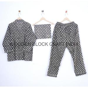 100% ensemble de pyjama imprimé en blocs de coton vêtements de nuit à fleurs PJ pour l'été et le printemps chemise de nuit tricotée décontractée respirante et douce - Product Image 4