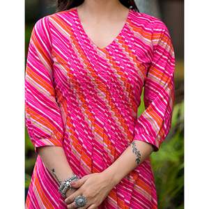 <b>Peach</b> Cotton Lehariya Straight Kurti Hand Drawn Printed Pakistani Style Salwar Kameez Party Wear Stitched Clothing - Product Image 2