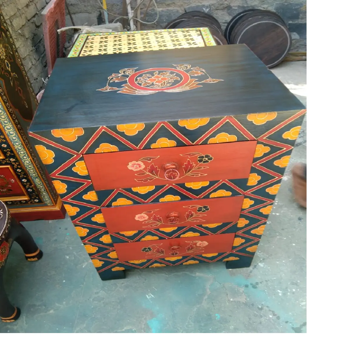 custom hand painted wooden storage drawers made with colorful indian theme patterns ideal for resale by home decoration stores