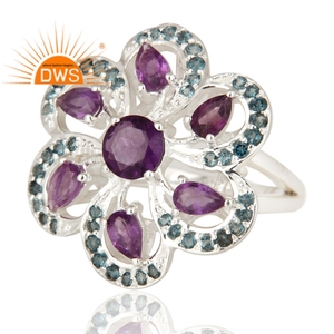 Anillo de diseño Floral de Plata de Ley 925, Topacio Azul Londres Natural y amatista, joyería personalizada para mujer, regalo para ella - Product Image 2