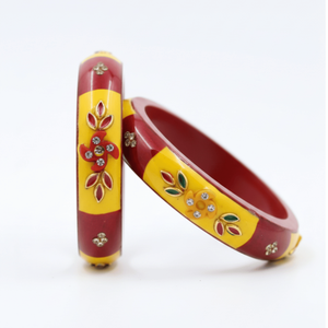 <b>Set</b> of 2 Fine <b>Bangles</b> Red & Yellow Floral Stone Lac Design - Product Image 4