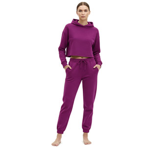 Ensemble sweat à capuche court et pantalon de survêtement pour femme, en polaire légère, doux, écologique, réversible, style urbain, couleur unie, pour l'hiver - Product Image 6