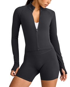 <b>Women's</b> Cropped Yoga <b>Jacket</b> Full Zip Thumbholes Stand Collar Skinny Fit Breathable Water Resistant Four-Way Stretch Running Coat - Product Image 1