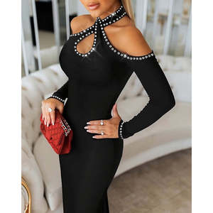 Vestido midi de scuba con hombros descubiertos, cuello halter, detalle caído y adornos para mujer, 31018 - Product Image 4
