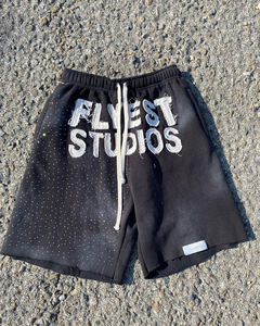 Ropa deportiva de algodón para correr, pantalones cortos de verano para hombre, pantalones cortos de lavado ácido de calle con diamantes de imitación, pantalones cortos de sudor con bordado con cordón - Product Image 5