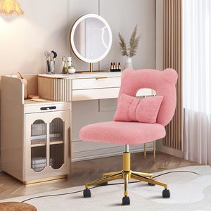 Pink Cute Desk Armchair Gold Base <strong>Chair</strong> 360 Swivel Furry Makeup <strong>Vanity</strong> <strong>Chair</strong> <strong>with</strong> Wheels &amp; <strong>Back</strong> - Product Image 2